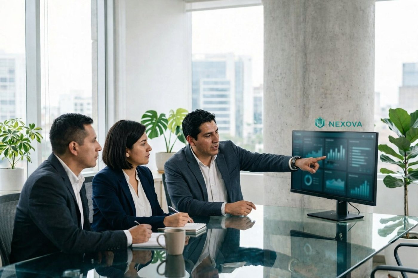 Equipo ejecutivo NEXOVA analizando dashboard de métricas empresariales